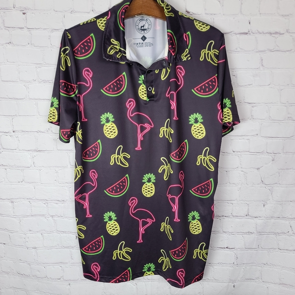 Proud 90. Polo Golf Shirt. Black with Neon Graphics  Men's Sz L